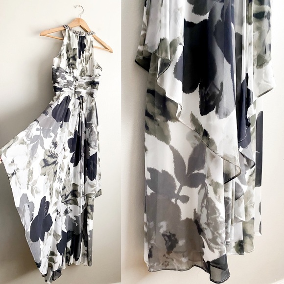 Eliza J Gray Floral Halter Maxi Dress Beaded Empire Formal Gown Event Wedding 2 - Picture 13 of 14